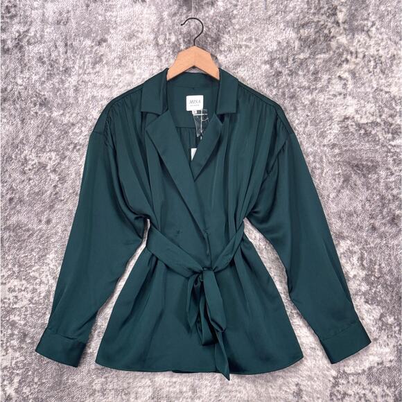 Misa Los Angeles Tops - New MISA Los Angeles Top Medium Womens Emerald Green Satin Wrap Jacket Blouse